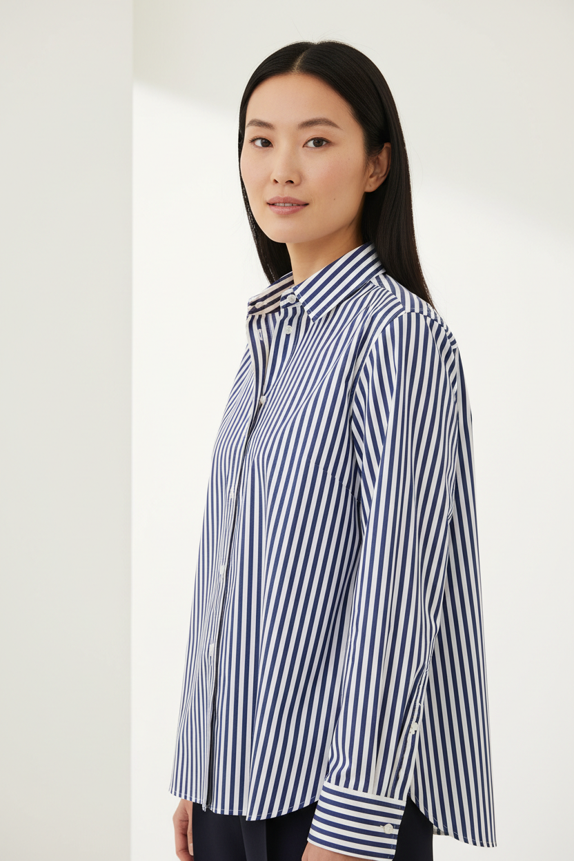 Luxury striped shirt in Coastal Blue Stripe, three-quarter turn pose