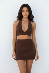 Women's crochet knit mini skirt set in chocolate brown, front view