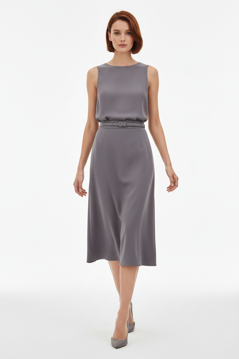 Women's elegant midi skirt set in soft grey, graceful walking pose