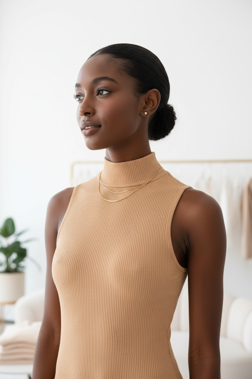 Luxury High-Neck Bodysuit in Soft Beige - Neckline Detail
