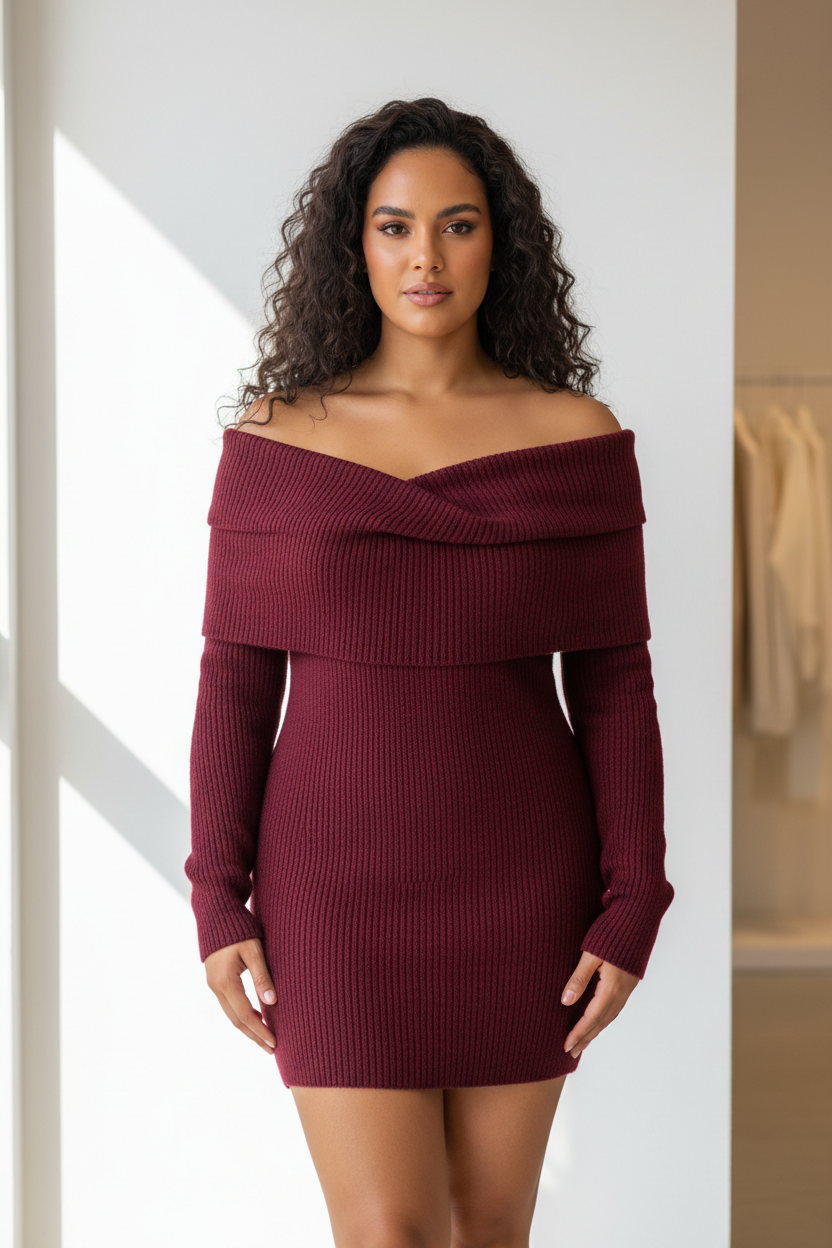 Luxury off-shoulder sweater in Rich Burgundy, front facing pose