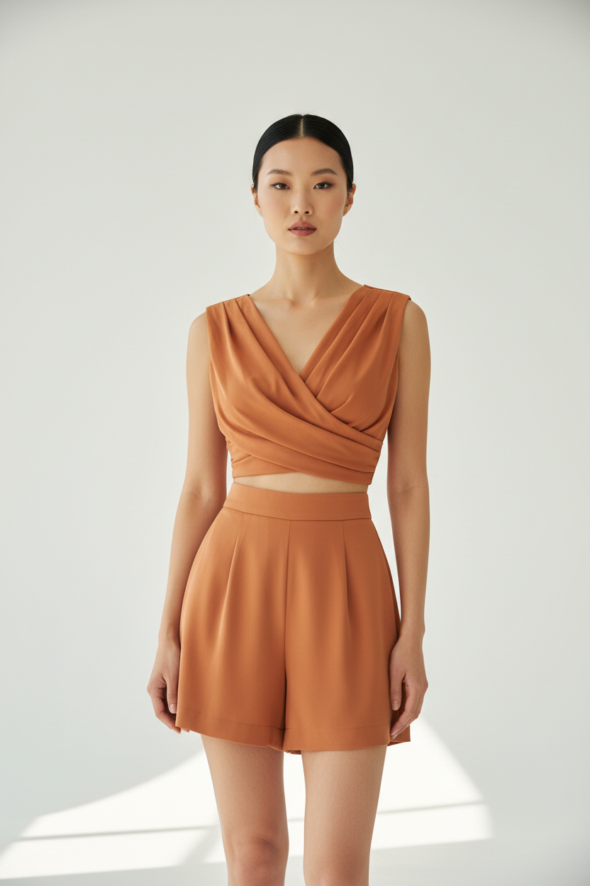 Burnt Apricot Draped Crop Top Shorts Set – Front Pose