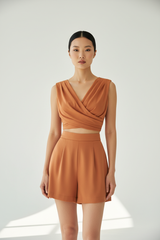 Burnt Apricot Draped Crop Top Shorts Set – Front Pose