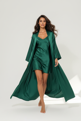 Luxury Satin Robe Set — Forest Green Satin, Walking with Flowing Robe