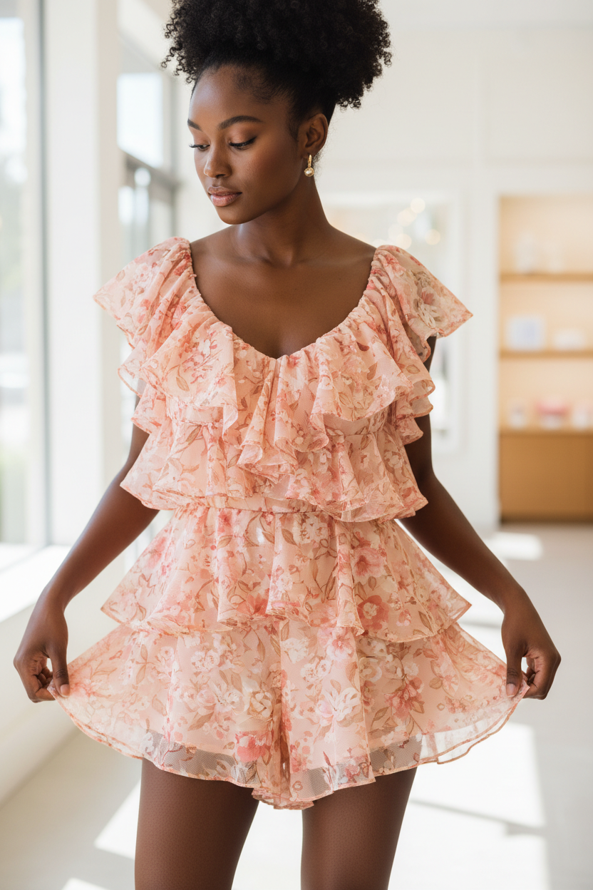 Luxury floral romper in Floral Peach – ruffle detail close-up