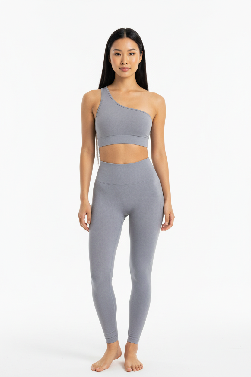 One-Shoulder Sports Bra & Seamless Sculpt Leggings Set in Soft Grey — Front Full-Body