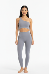 One-Shoulder Sports Bra & Seamless Sculpt Leggings Set in Soft Grey — Front Full-Body