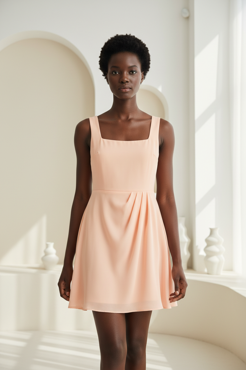 Luxury Square-Neck Mini Dress in Soft Peach - front-facing pose