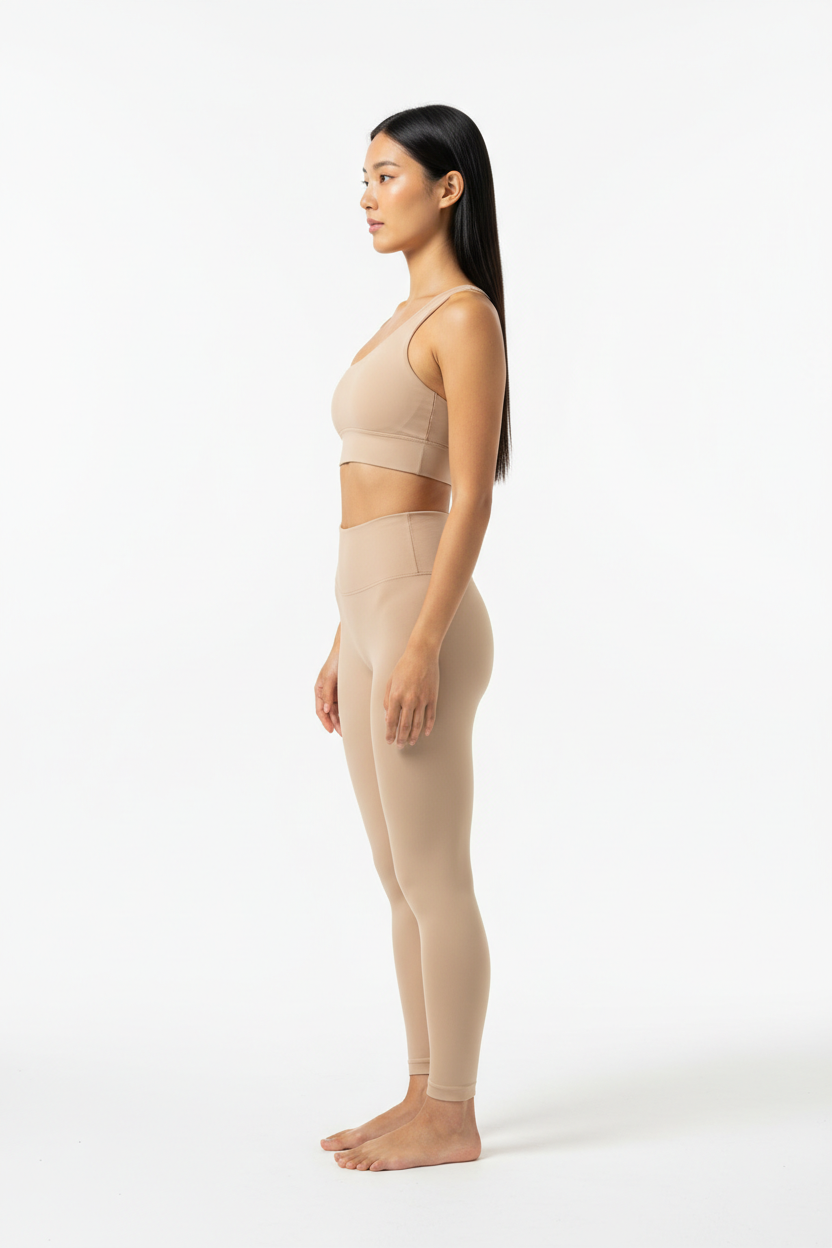 One-Shoulder Sports Bra & Seamless Sculpt Leggings Set in Sand Beige — Side Profile