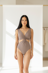 Luxury Twist-Front Bodysuit in Dusty Taupe - Front View