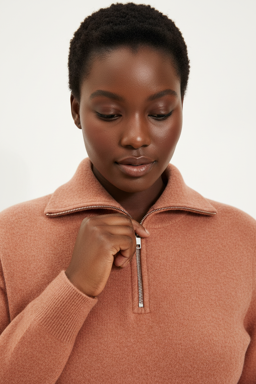 Luxury zip-neck sweater in Soft Terracotta, detail close-up of zip-neck hardware and brushed knit texture