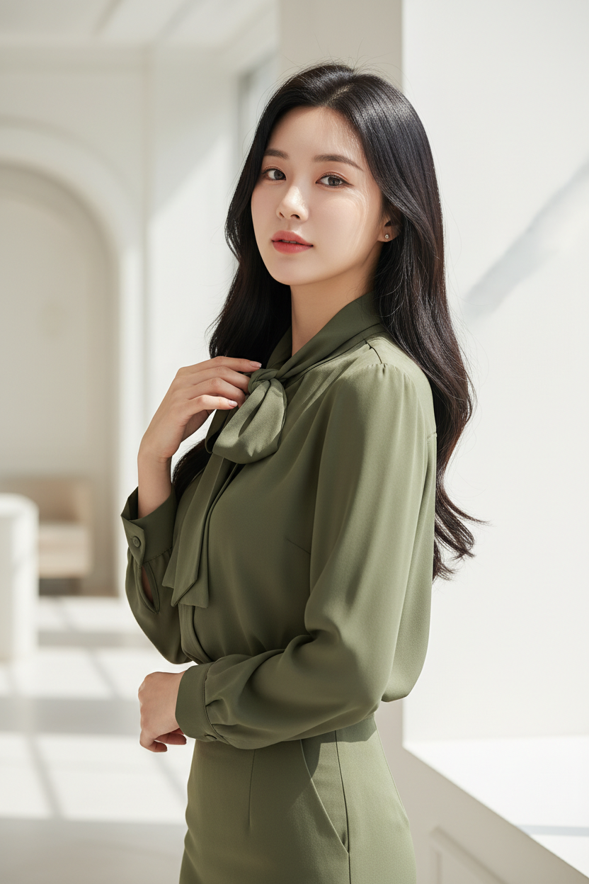 Tie-Neck Blouse in Forest Olive - Three Quarter Touching Bow Tie