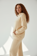 Luxury Fleece Hoodie Lounge Set — Warm Cream, Side Profile with Pocket