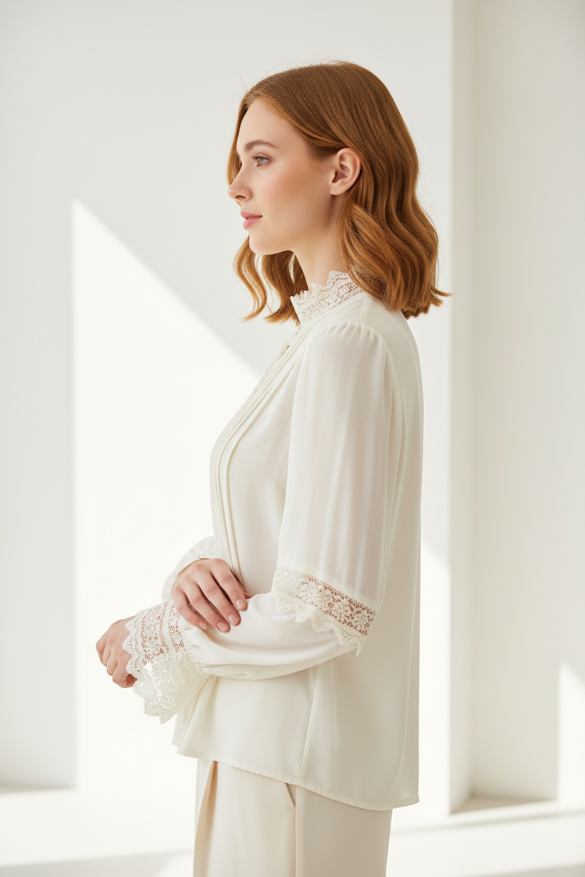 Lace-Trim Blouse in Soft Ivory White - Side Profile Pose