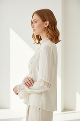 Lace-Trim Blouse in Soft Ivory White - Side Profile Pose