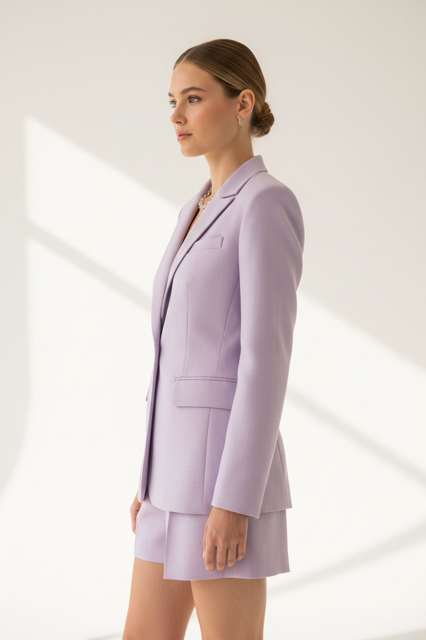 Model wearing lavender lilac blazer shorts set, side profile three-quarter shot