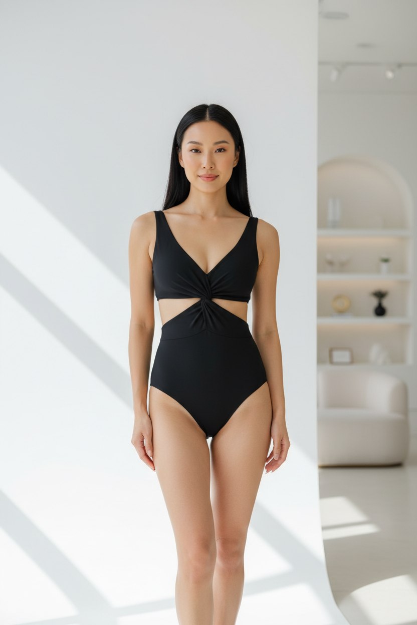 Luxury Twist-Front Bodysuit in Matte Black - Front View