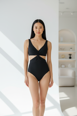 Luxury Twist-Front Bodysuit in Matte Black - Front View