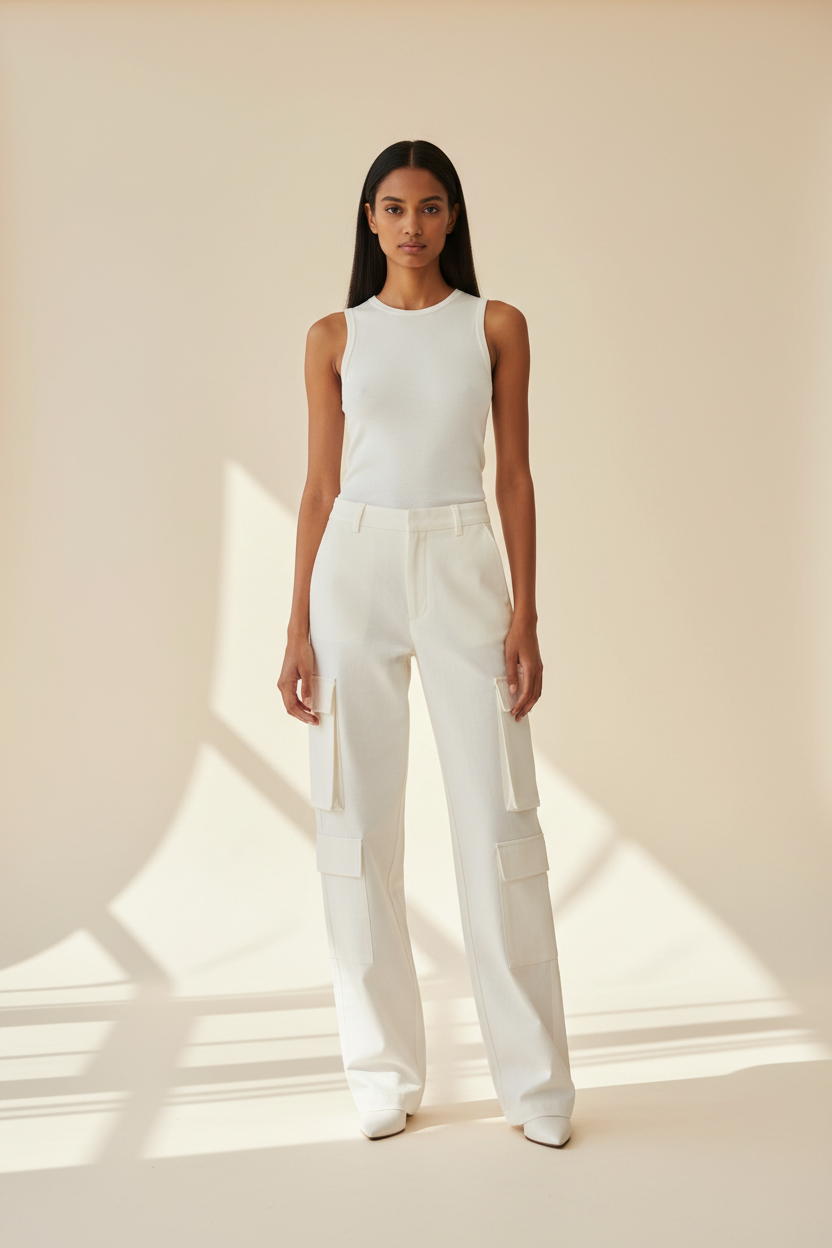 Premium Women's Luxury Cargo Pants in Ivory White - Front View