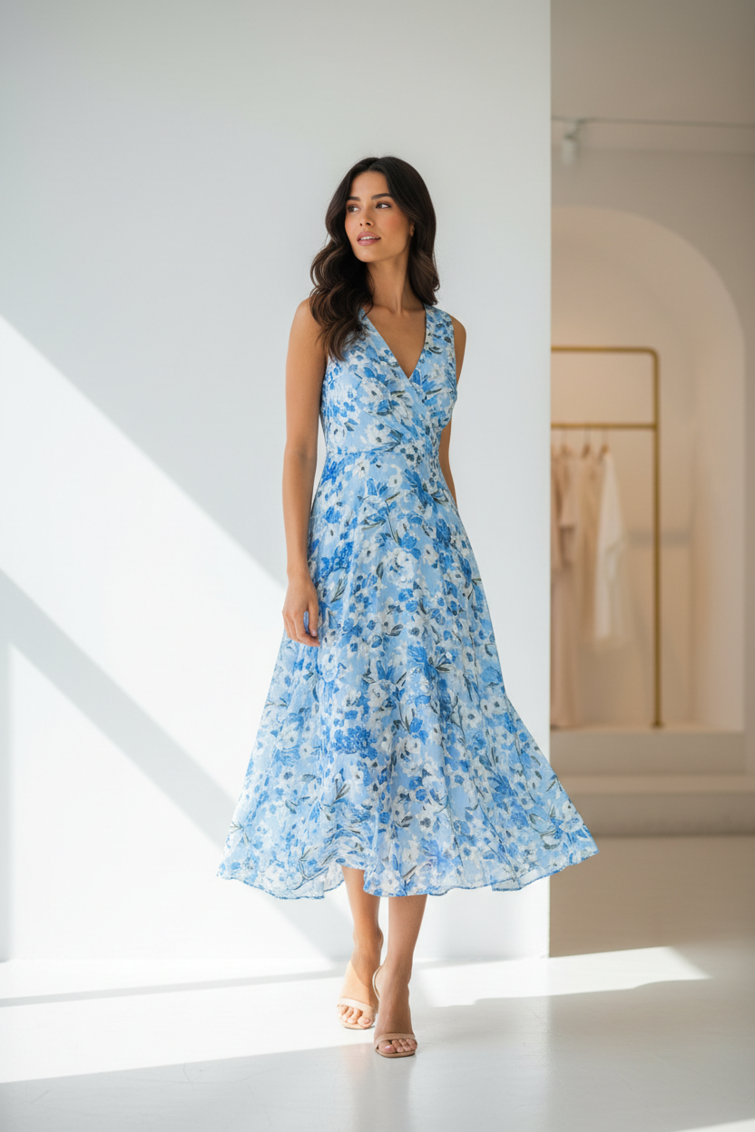 Luxury Floral Midi Dress in Floral Blue - over shoulder pose