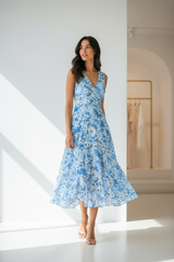 Luxury Floral Midi Dress in Floral Blue - over shoulder pose