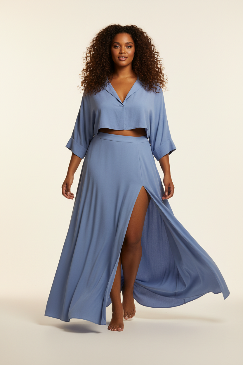 Women's flowy maxi skirt set in powder blue, graceful walking pose