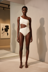 Luxe One-Shoulder Cutout Swimsuit in Ivory White – front-facing pose