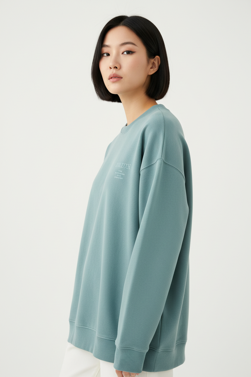 Luxury graphic sweatshirt in Dusty Aqua, three-quarter turn pose