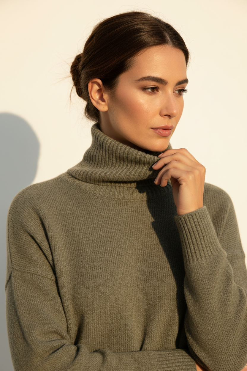 Luxury turtleneck sweater in Dusty Olive, detail close-up of turtleneck collar and knit texture
