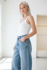 Premium Women's Baggy Denim Pants in Light Blue - Three Quarter View