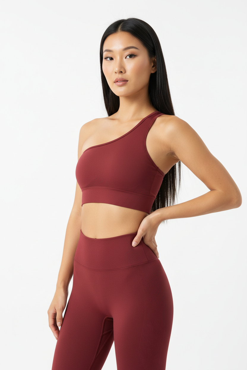 One-Shoulder Sports Bra & Seamless Sculpt Leggings Set in Wine Red — Three-Quarter Angle