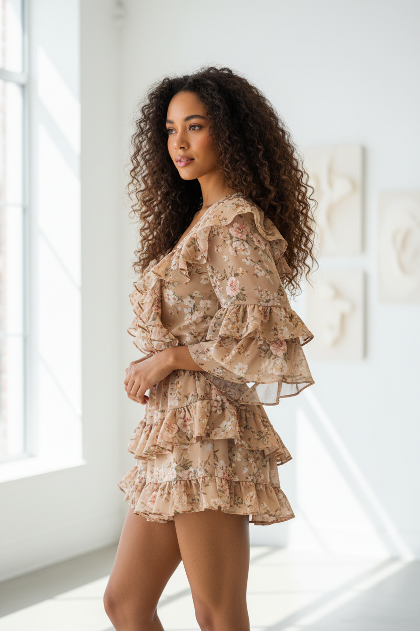Luxury ruffle-detail romper in Floral Beige – side profile