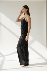 Luxury Satin Lounge Set — Matte Black Satin, Side Profile Pose