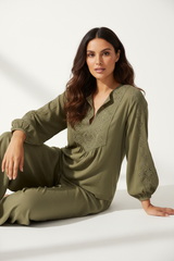 Boho Embroidered Blouse in Olive Moss - Seated Fabric Flowing