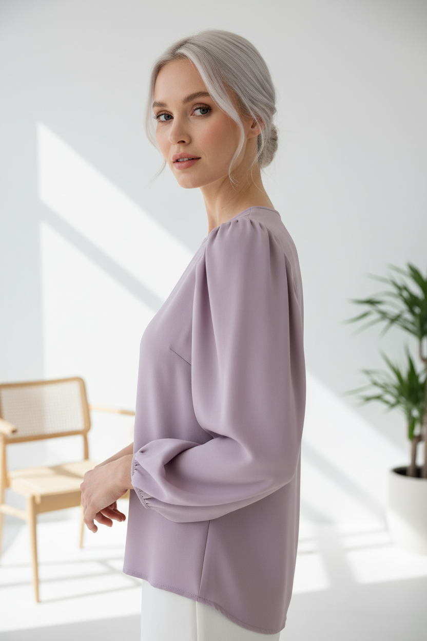 Luxury puff-sleeve shirt in Dusty Lavender, three-quarter turn pose