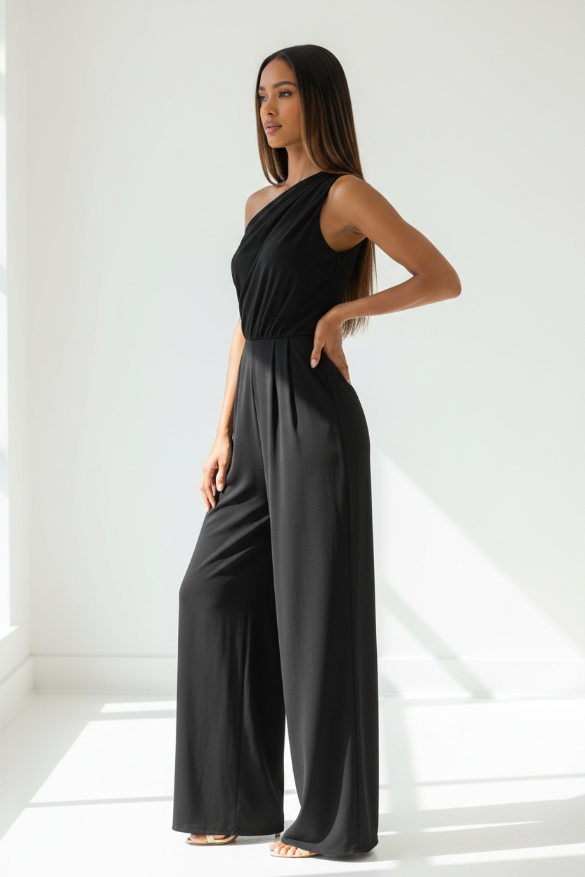 Luxury one-shoulder romper in Matte Black – side profile