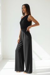 Luxury one-shoulder romper in Matte Black – side profile