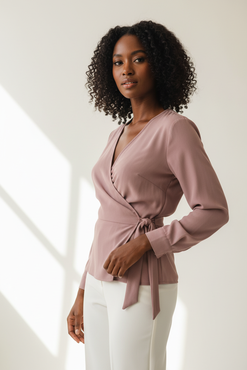 Wrap Blouse in Dusty Mauve - Three Quarter Hand on Waist Tie