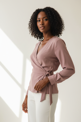 Wrap Blouse in Dusty Mauve - Three Quarter Hand on Waist Tie