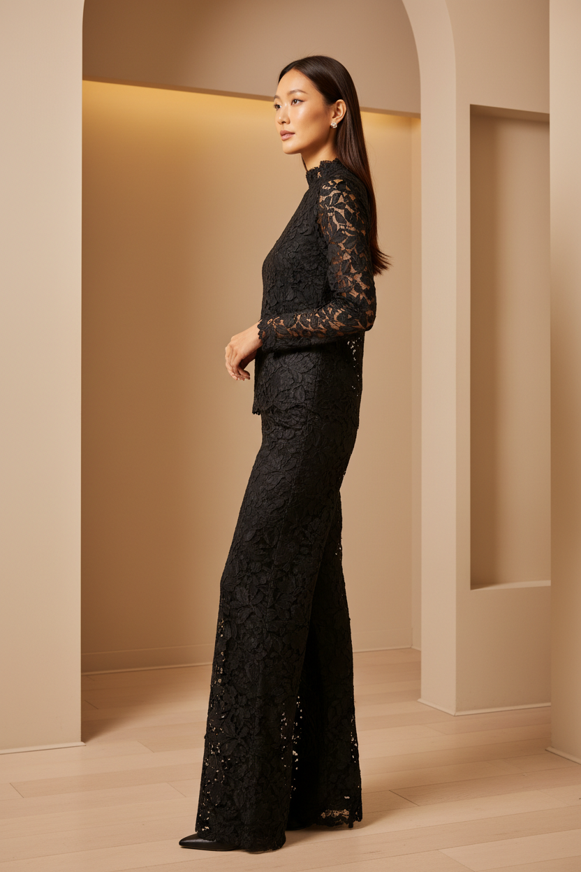 Elegant Embroidered Lace Fashion Set in Matte Black - Side Profile