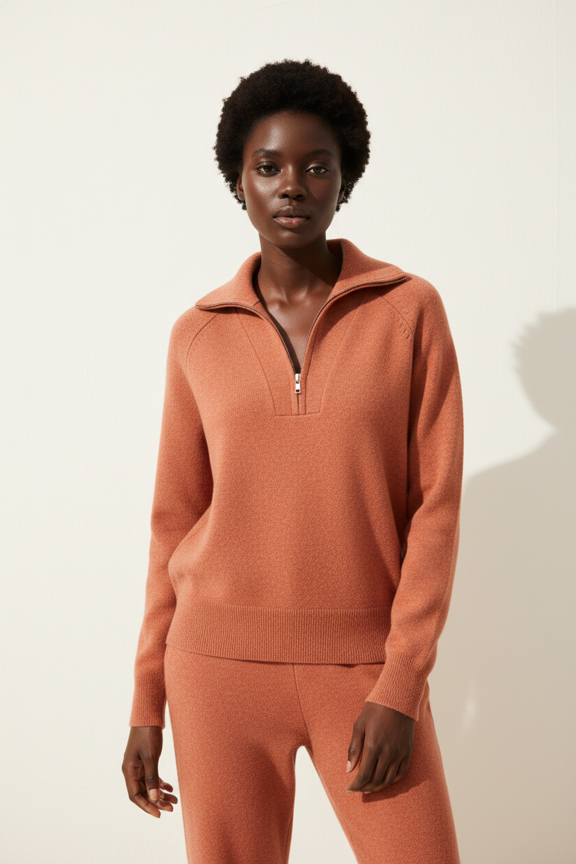 Luxury zip-neck sweater in Soft Terracotta, front facing pose