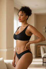 Luxe Floral Print Bikini Set in Matte Black – three-quarter pose