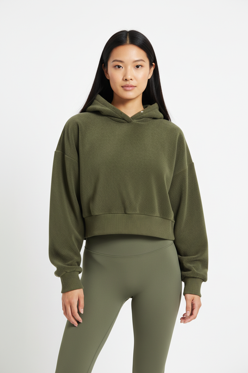 Oversized Cropped Hoodie & Seamless Leggings Set in Olive Green — Front Full-Body