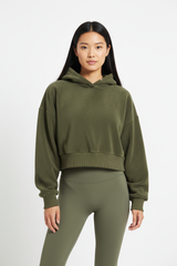 Oversized Cropped Hoodie & Seamless Leggings Set in Olive Green — Front Full-Body