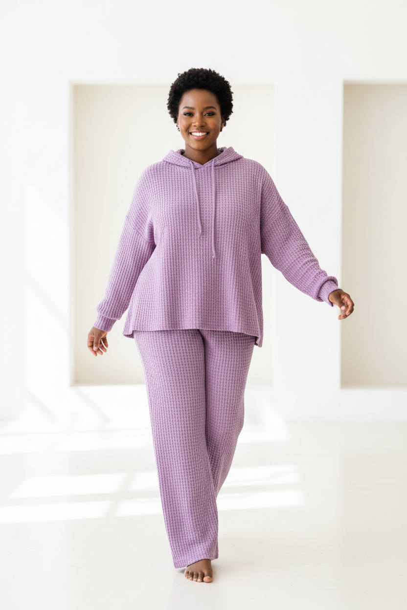 Luxury Waffle Knit Lounge Set — Lavender Purple, Walking Pose