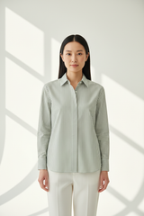 Luxury striped shirt in Sage Stripe, front facing pose