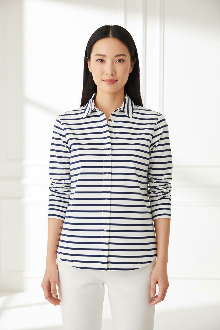 Luxury striped shirt in Coastal Blue Stripe, front facing pose