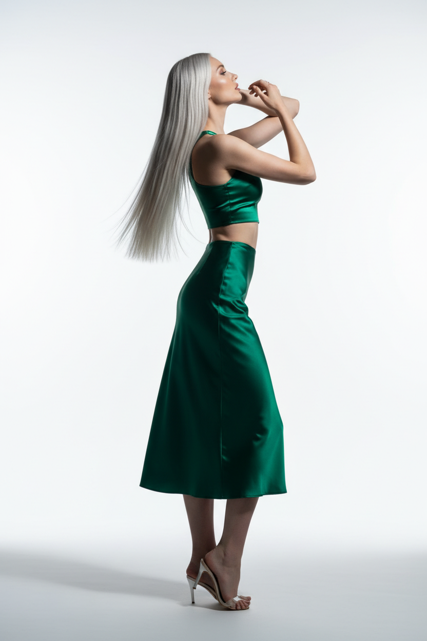 Women's satin slit skirt set in emerald green, side profile pose