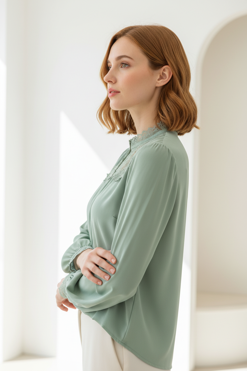 Lace-Trim Blouse in Sage Green - Side Profile Pose