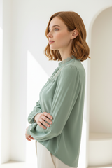 Lace-Trim Blouse in Sage Green - Side Profile Pose